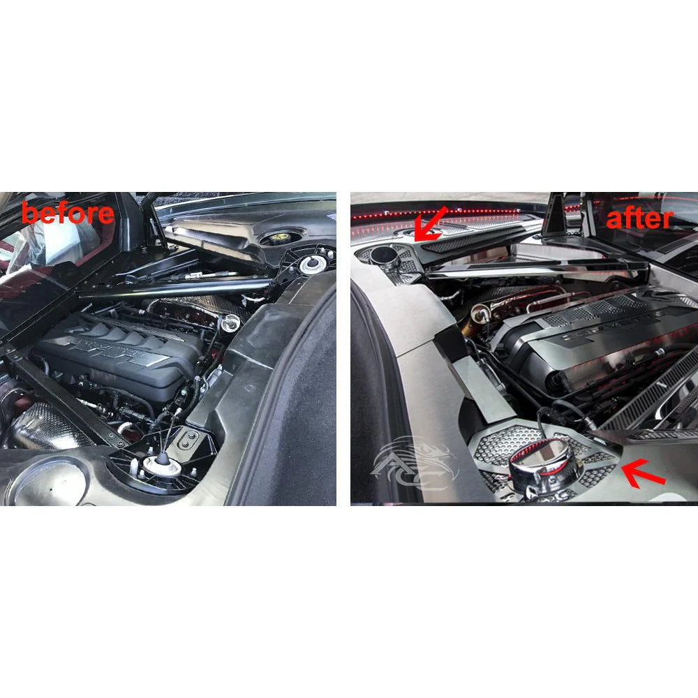 C8 Corvette Perforated Shock Tower Cover Inserts w/Chrome Cap 2Pc : Polished/Brushed Stainless Steel