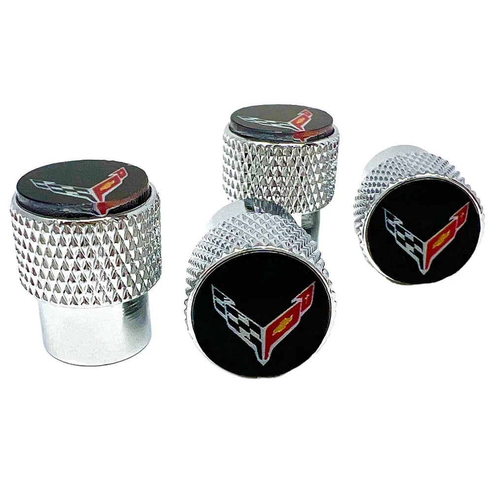 C8 Corvette Crossed Flags Logo Aluminum Valve Stem Caps (Knurled)