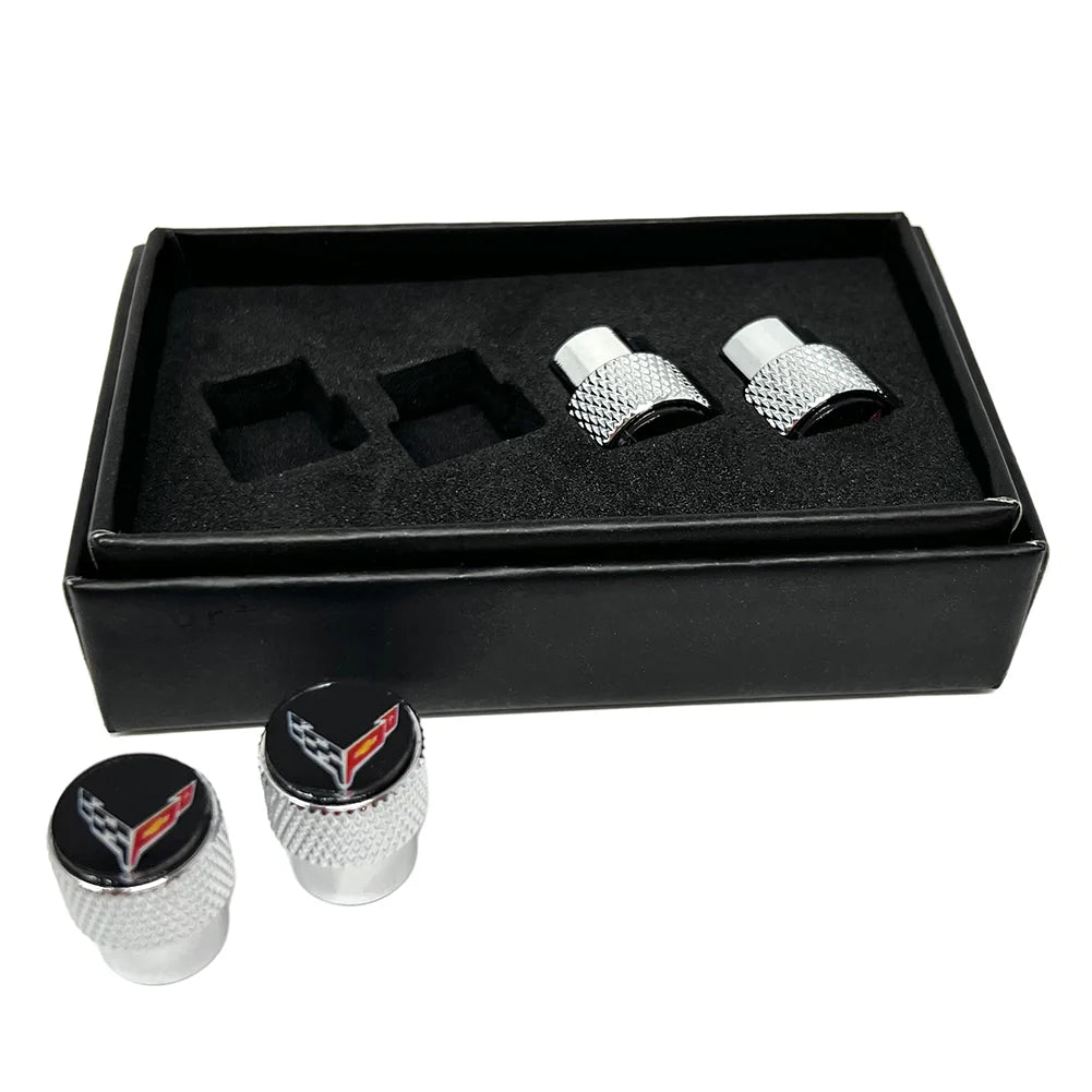 C8 Corvette Crossed Flags Logo Aluminum Valve Stem Caps (Knurled)