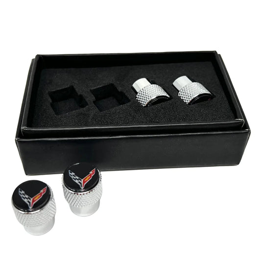 C8 Corvette Crossed Flags Logo Aluminum Valve Stem Caps (Knurled)