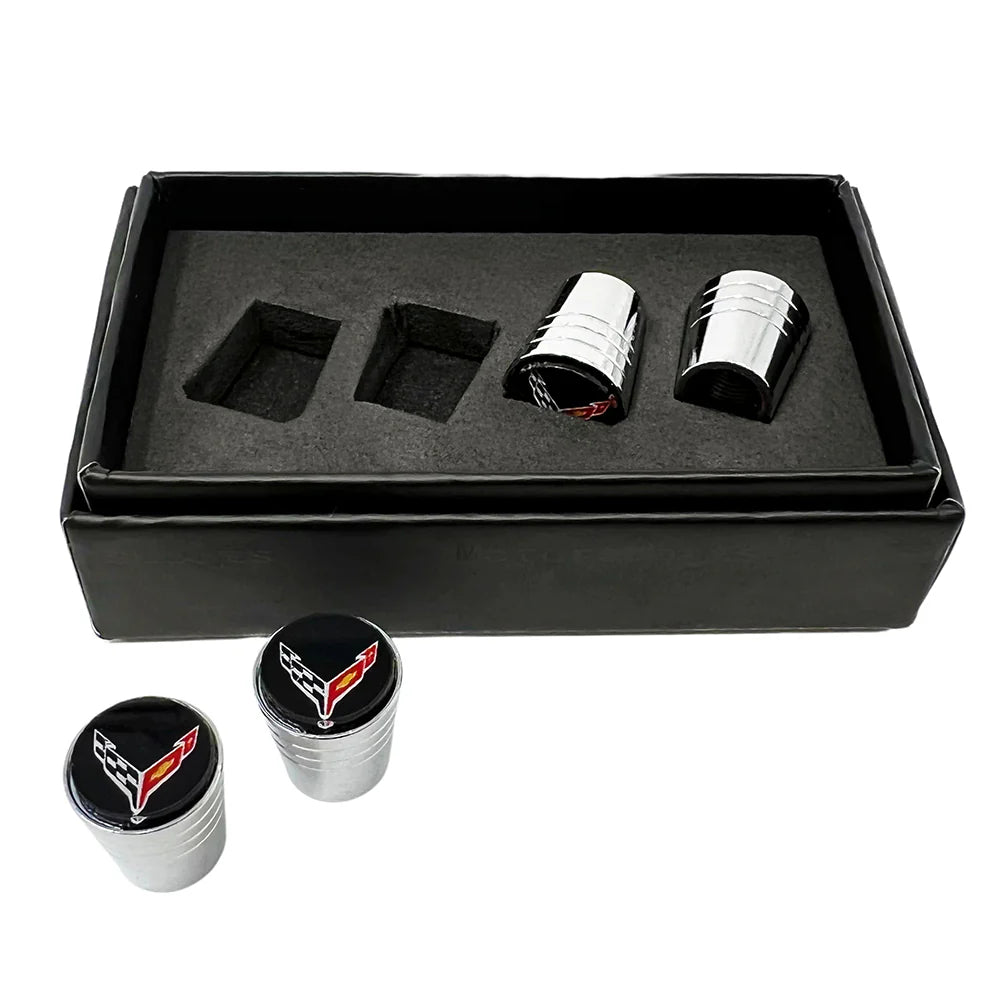 C8 Corvette Crossed Flags Logo Aluminum Valve Stem Caps (Tapered)