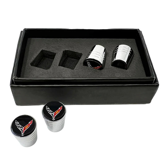 C8 Corvette Crossed Flags Logo Aluminum Valve Stem Caps (Tapered)