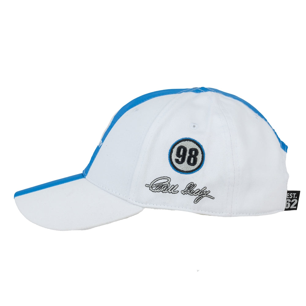 Shelby White With Blue Racing Stripes Hat