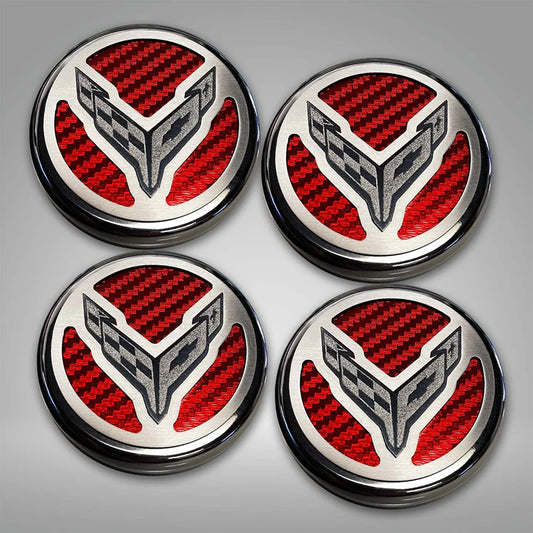 Corvette Engine Cap Cover Set - Flag Emblem - C8 Stingray, Z51-Red Carbon Fibre